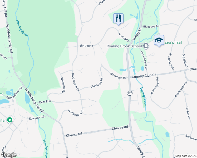 map of restaurants, bars, coffee shops, grocery stores, and more near 26 Old Kings Road in Avon