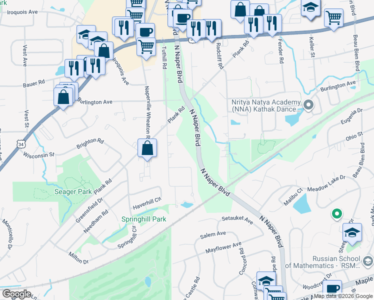 map of restaurants, bars, coffee shops, grocery stores, and more near 1423 Larsen Lane in Naperville