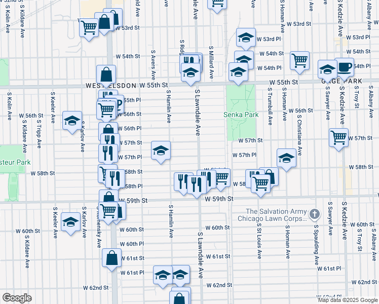 map of restaurants, bars, coffee shops, grocery stores, and more near 3733 West 57th Place in Chicago
