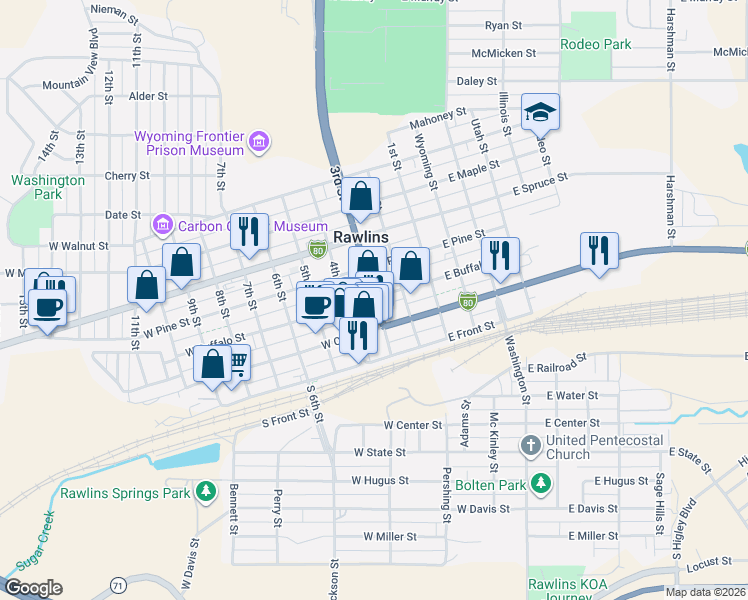 map of restaurants, bars, coffee shops, grocery stores, and more near 250 3rd St in Rawlins