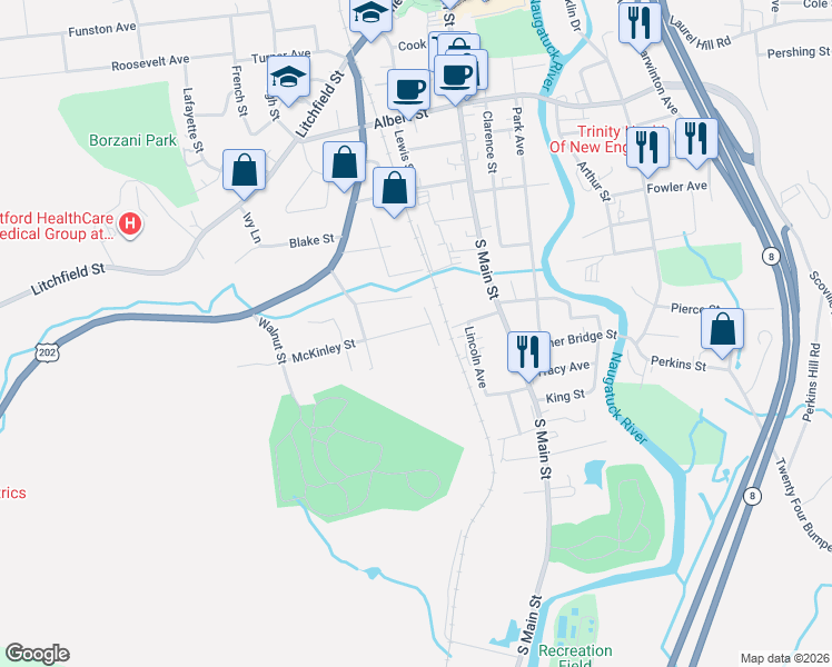 map of restaurants, bars, coffee shops, grocery stores, and more near 69 McKinley Street in Torrington