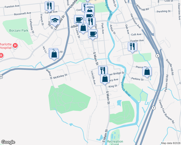 map of restaurants, bars, coffee shops, grocery stores, and more near 62 Lincoln Avenue in Torrington