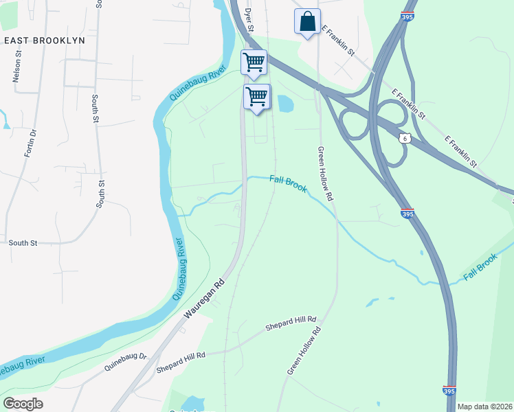 map of restaurants, bars, coffee shops, grocery stores, and more near 120 Wauregan Road in Killingly