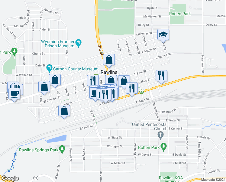 map of restaurants, bars, coffee shops, grocery stores, and more near 270 3rd Street in Rawlins