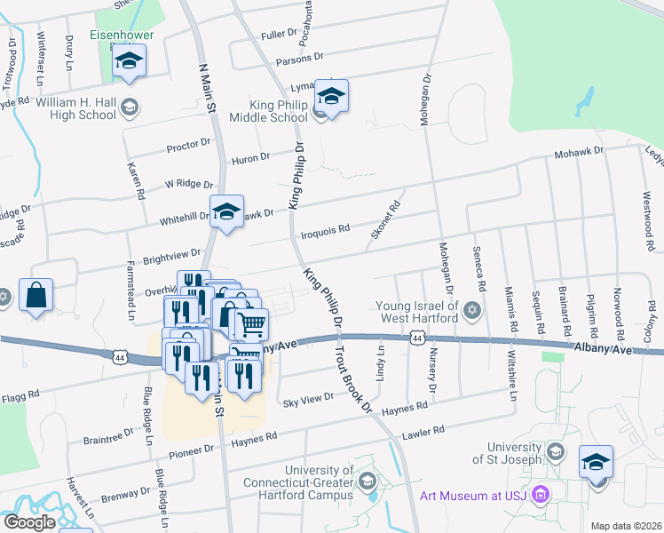 map of restaurants, bars, coffee shops, grocery stores, and more near 56 Grenhart Street in West Hartford