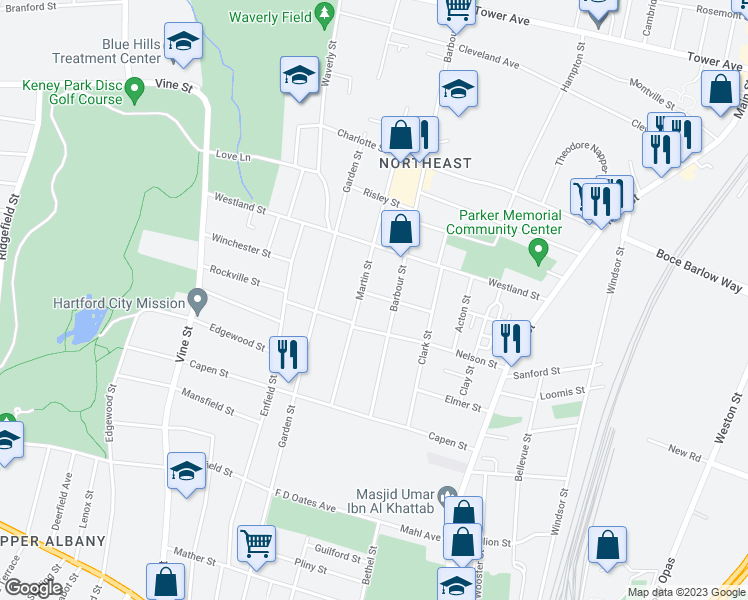 map of restaurants, bars, coffee shops, grocery stores, and more near 67 Judson Street in Hartford