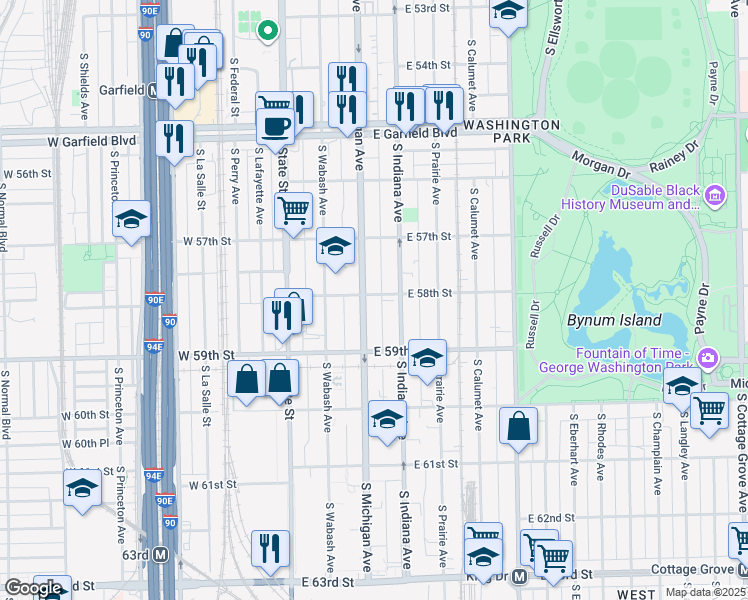 map of restaurants, bars, coffee shops, grocery stores, and more near 5801 South Michigan Avenue in Chicago