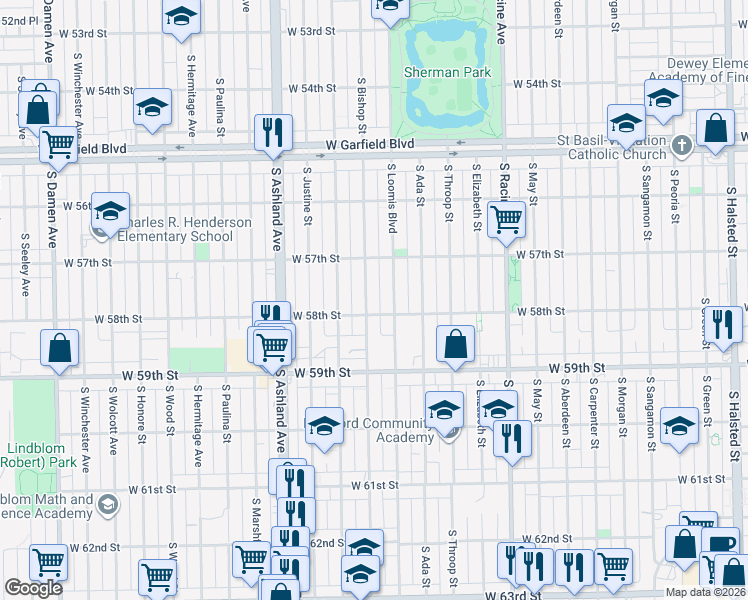 map of restaurants, bars, coffee shops, grocery stores, and more near 5800 South Loomis Boulevard in Chicago