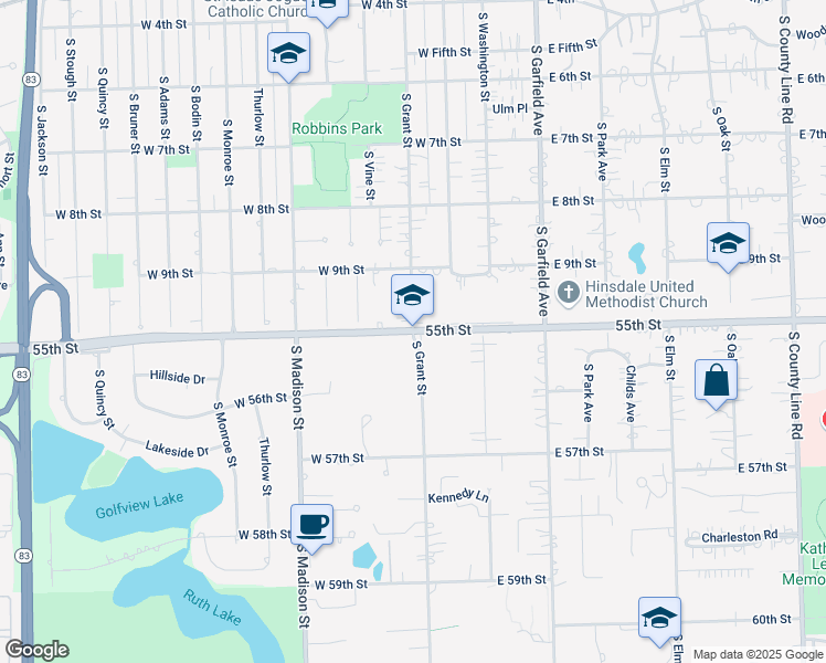 map of restaurants, bars, coffee shops, grocery stores, and more near W 55th St & S Grant St in Hinsdale