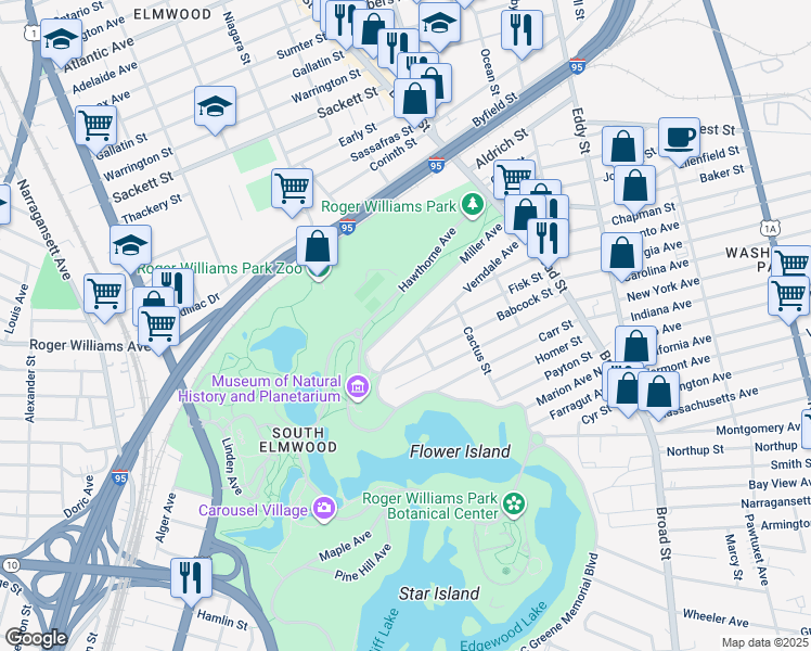 map of restaurants, bars, coffee shops, grocery stores, and more near 158 Miller Avenue in Providence