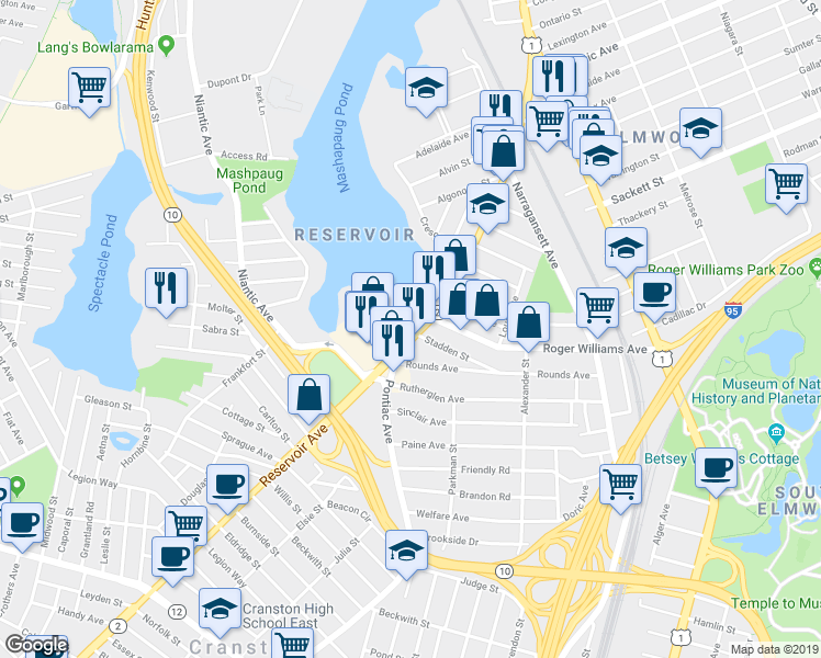 map of restaurants, bars, coffee shops, grocery stores, and more near 15 Stadden Street in Providence