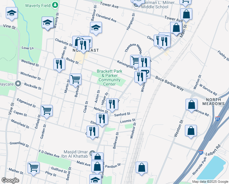map of restaurants, bars, coffee shops, grocery stores, and more near 1 Alan Green Way in Hartford