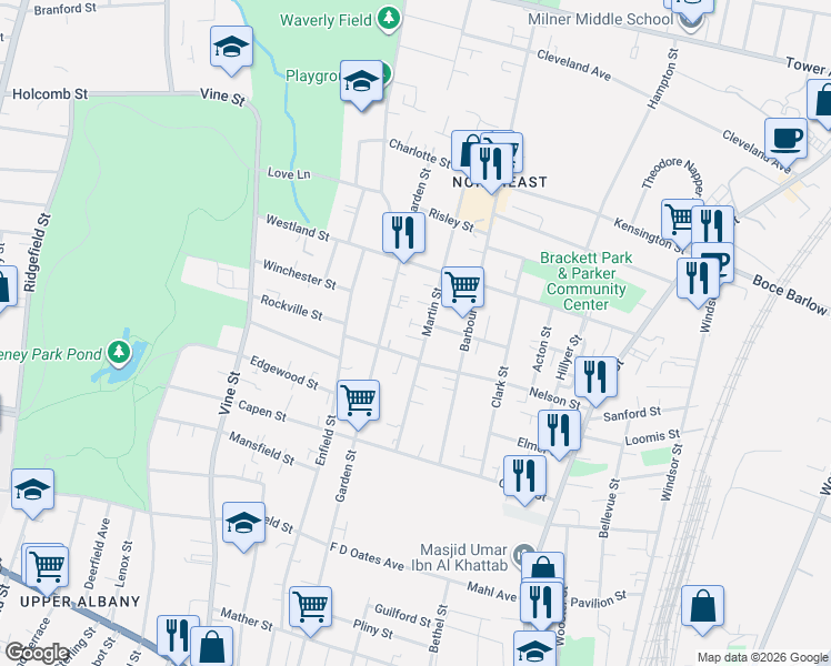 map of restaurants, bars, coffee shops, grocery stores, and more near 163 Nelson Street in Hartford