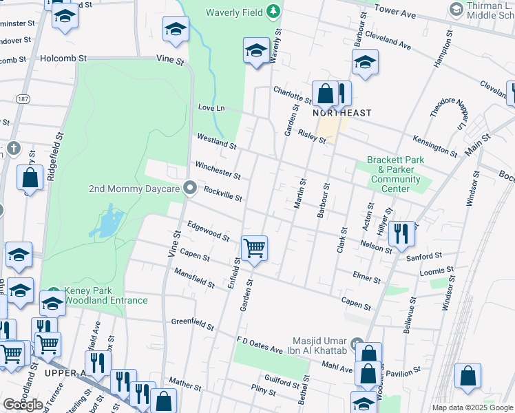 map of restaurants, bars, coffee shops, grocery stores, and more near 651 Garden Street in Hartford
