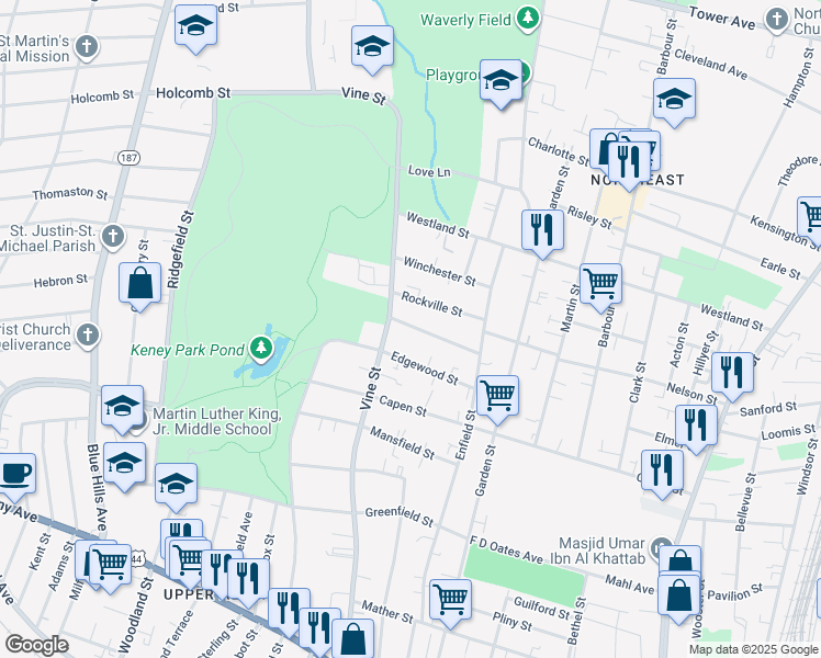 map of restaurants, bars, coffee shops, grocery stores, and more near 39 Vineland Terrace in Hartford
