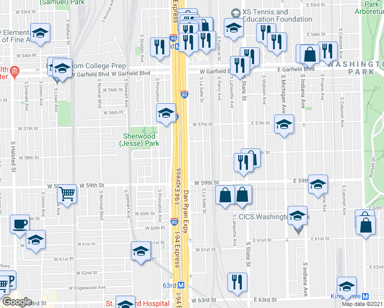 map of restaurants, bars, coffee shops, grocery stores, and more near 5813 South Wentworth Avenue in Chicago