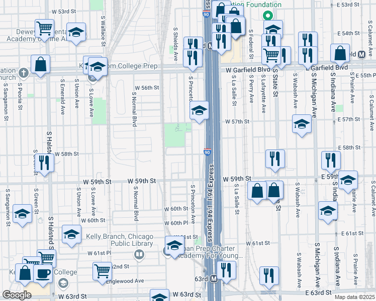 map of restaurants, bars, coffee shops, grocery stores, and more near 5808 South Princeton Avenue in Chicago