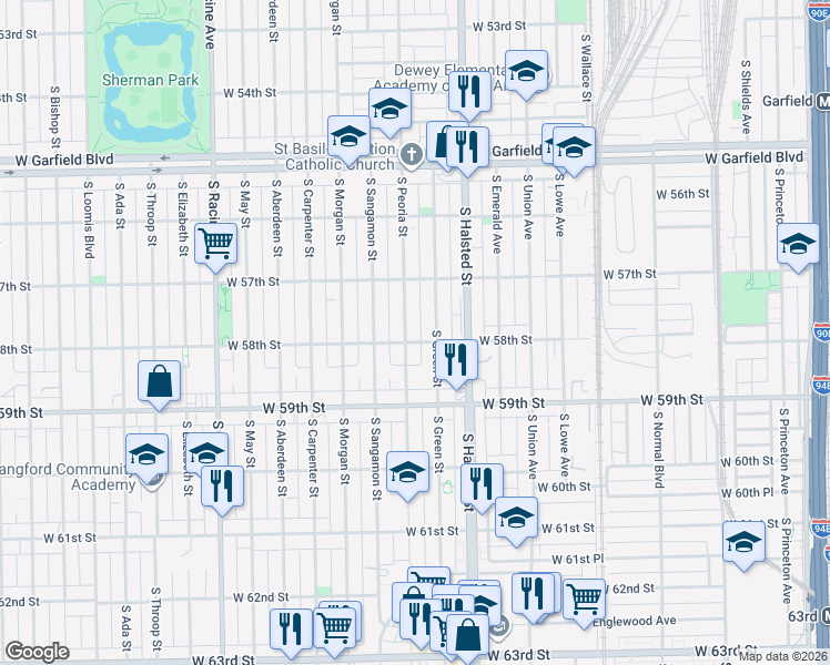 map of restaurants, bars, coffee shops, grocery stores, and more near 5808 South Green Street in Chicago