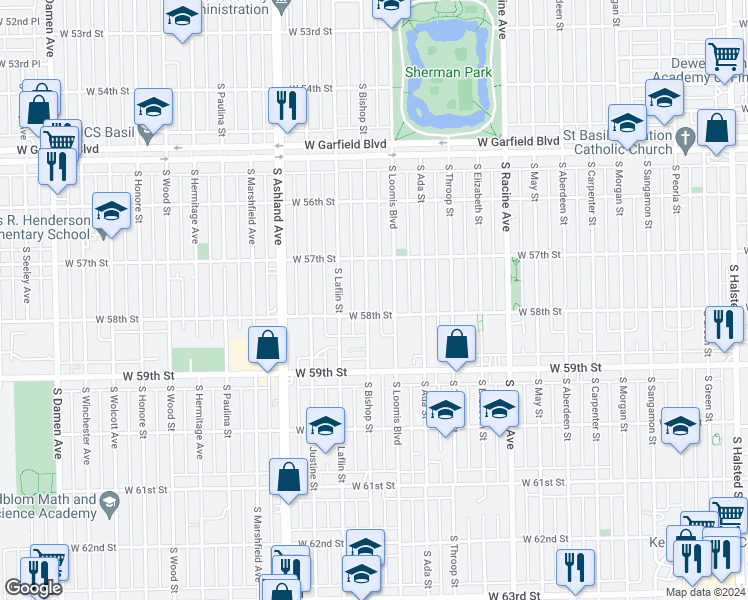 map of restaurants, bars, coffee shops, grocery stores, and more near 5800 South Loomis Boulevard in Chicago