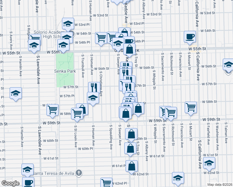 map of restaurants, bars, coffee shops, grocery stores, and more near 5744 South Sawyer Avenue in Chicago