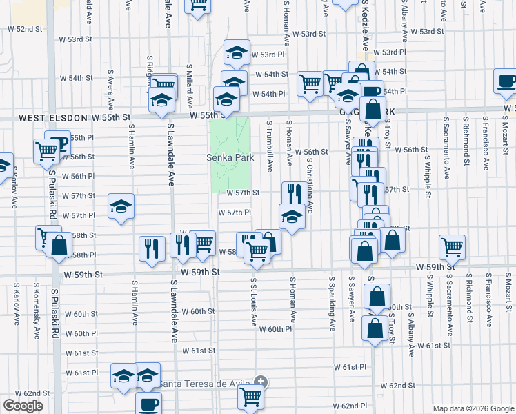 map of restaurants, bars, coffee shops, grocery stores, and more near 3501 West 57th Place in Chicago