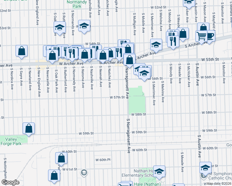 map of restaurants, bars, coffee shops, grocery stores, and more near 5700 South Nagle Avenue in Chicago