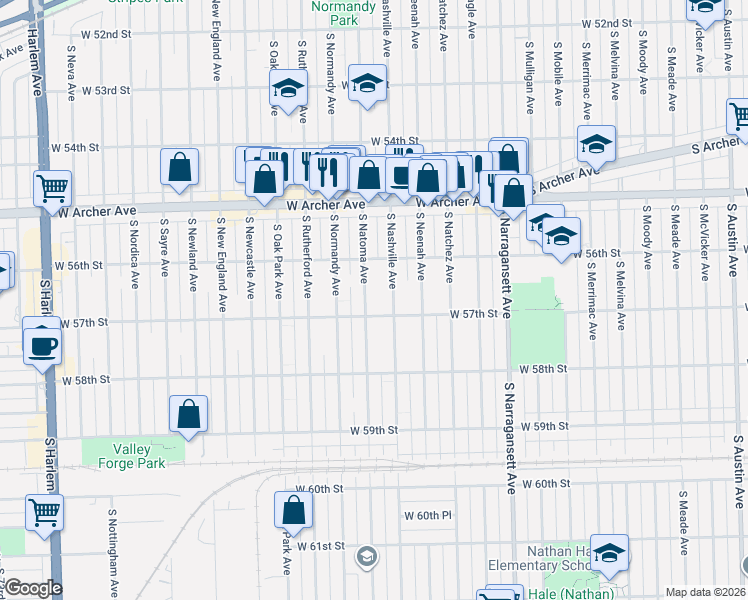 map of restaurants, bars, coffee shops, grocery stores, and more near 5701 South Natoma Avenue in Chicago