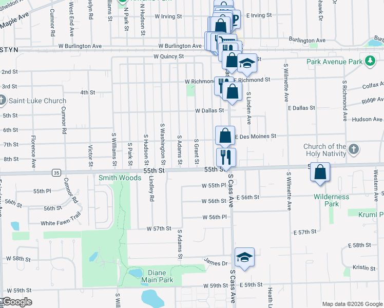 map of restaurants, bars, coffee shops, grocery stores, and more near 334 South Grant Street in Westmont