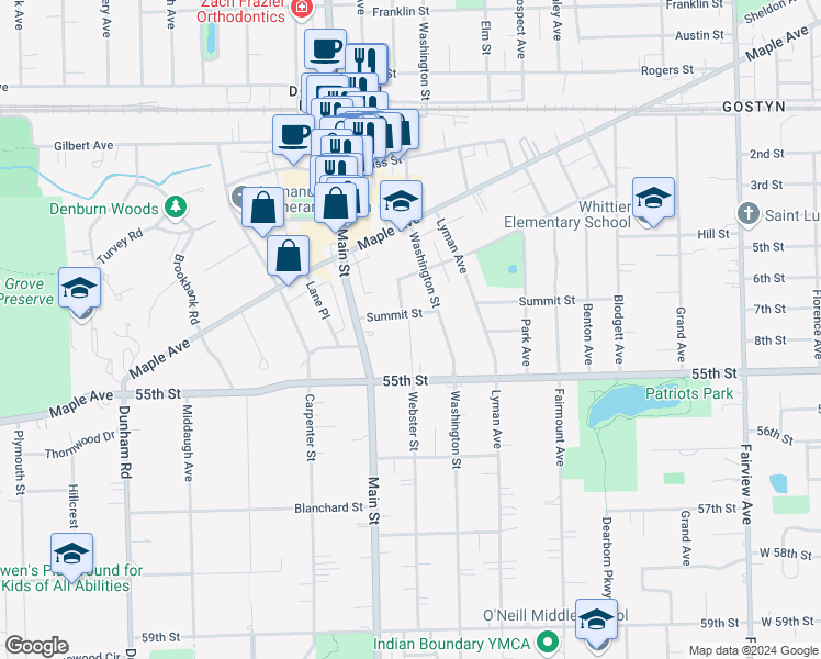 map of restaurants, bars, coffee shops, grocery stores, and more near 5416 Webster Street in Downers Grove