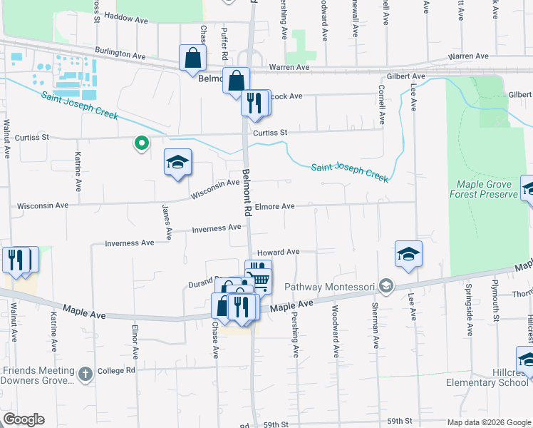 map of restaurants, bars, coffee shops, grocery stores, and more near 2134 Ashley Court in Downers Grove