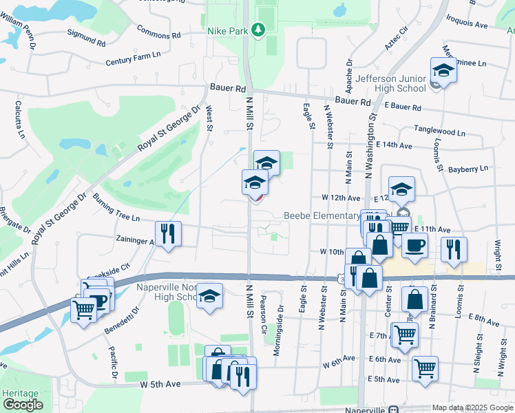 map of restaurants, bars, coffee shops, grocery stores, and more near 1104 North Mill Street in Naperville
