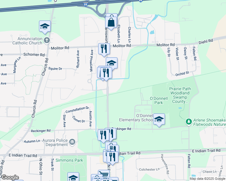map of restaurants, bars, coffee shops, grocery stores, and more near 1599 North Farnsworth Avenue in Aurora