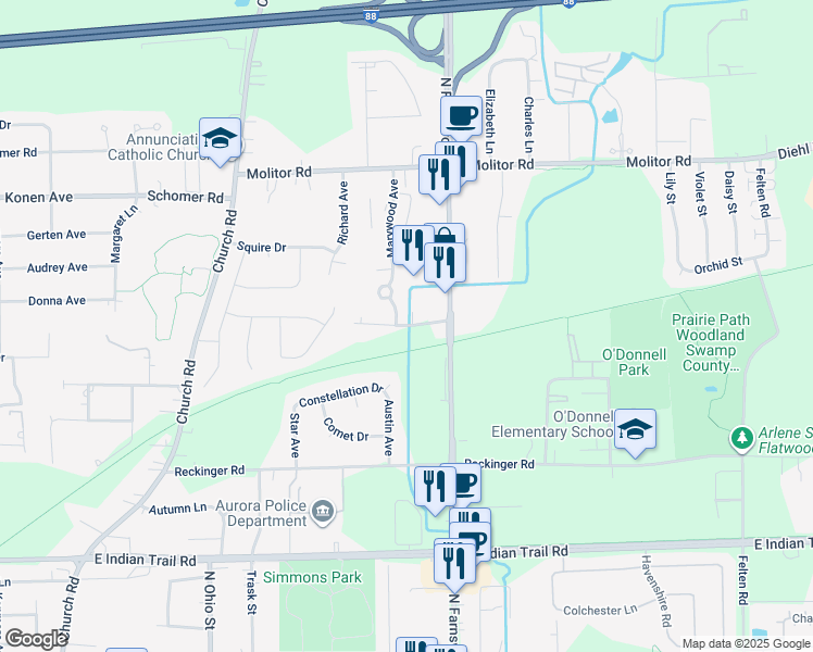 map of restaurants, bars, coffee shops, grocery stores, and more near 1275 Marshall Boulevard in Aurora