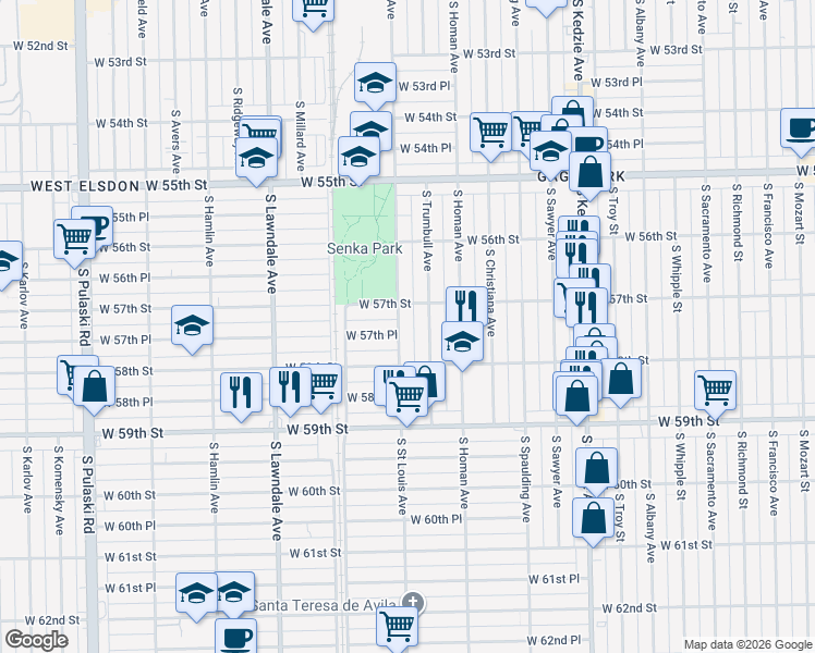 map of restaurants, bars, coffee shops, grocery stores, and more near 3501 West 57th Place in Chicago