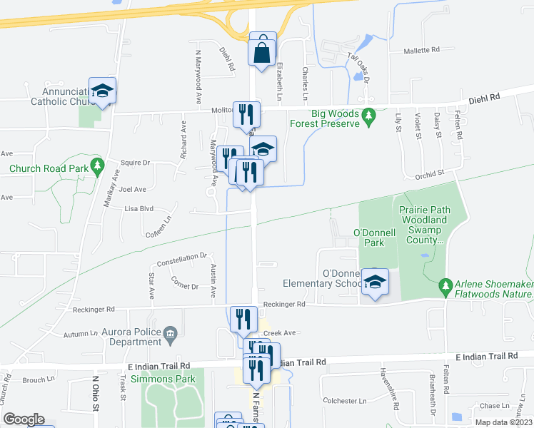 map of restaurants, bars, coffee shops, grocery stores, and more near 1599 North Farnsworth Avenue in Aurora
