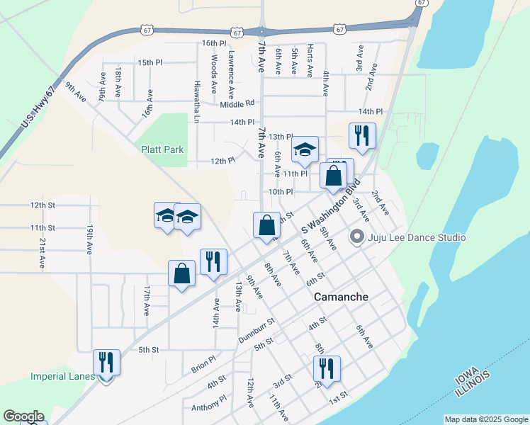 map of restaurants, bars, coffee shops, grocery stores, and more near 940 7th Avenue in Camanche