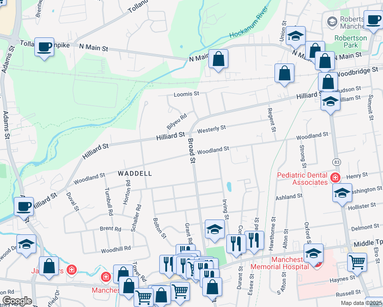 map of restaurants, bars, coffee shops, grocery stores, and more near 255 Woodland Street in Manchester
