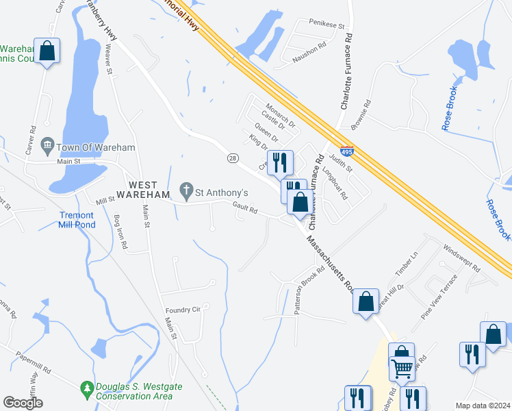 map of restaurants, bars, coffee shops, grocery stores, and more near 11 Gault Road in Wareham