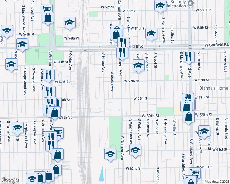 map of restaurants, bars, coffee shops, grocery stores, and more near 5755 South Seeley Avenue in Chicago