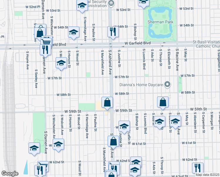 map of restaurants, bars, coffee shops, grocery stores, and more near 5800 South Ashland Avenue in Chicago