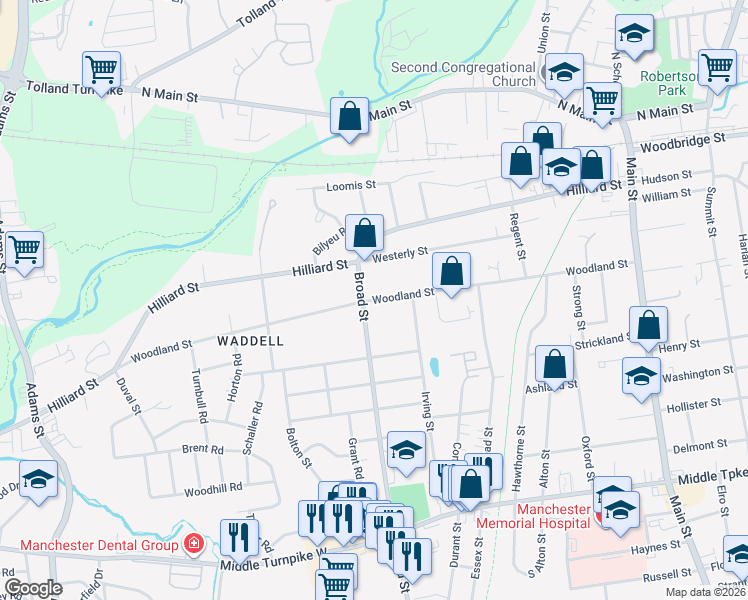 map of restaurants, bars, coffee shops, grocery stores, and more near Woodland Street in Manchester