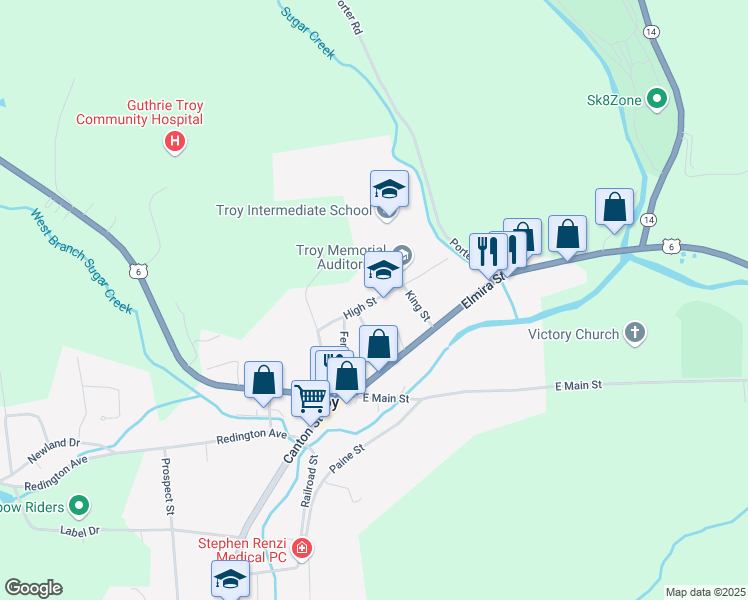map of restaurants, bars, coffee shops, grocery stores, and more near 250 High Street in Troy