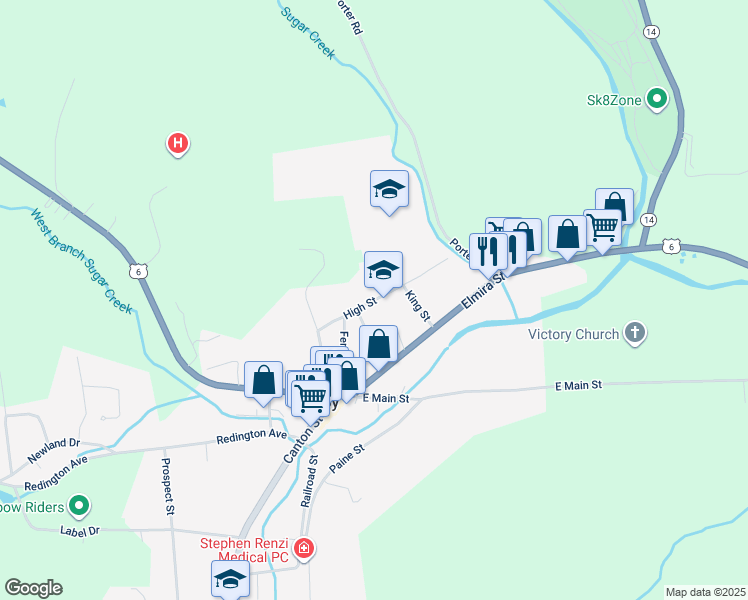 map of restaurants, bars, coffee shops, grocery stores, and more near 250 High Street in Troy