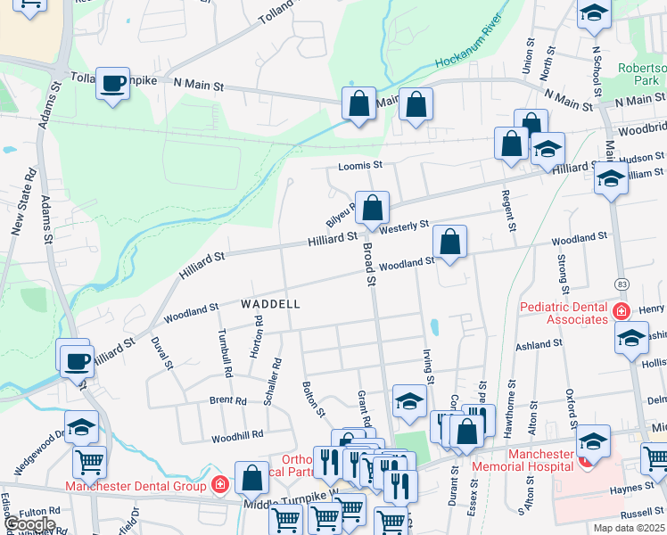 map of restaurants, bars, coffee shops, grocery stores, and more near 285 Woodland Street in Manchester