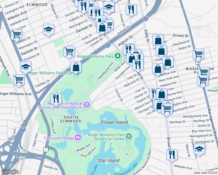 map of restaurants, bars, coffee shops, grocery stores, and more near 141 Babcock Street in Providence