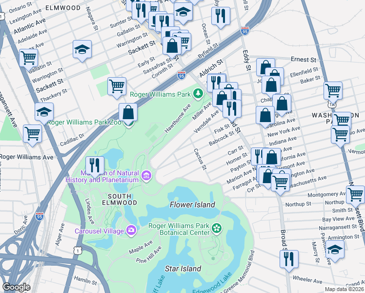 map of restaurants, bars, coffee shops, grocery stores, and more near 141 Babcock Street in Providence