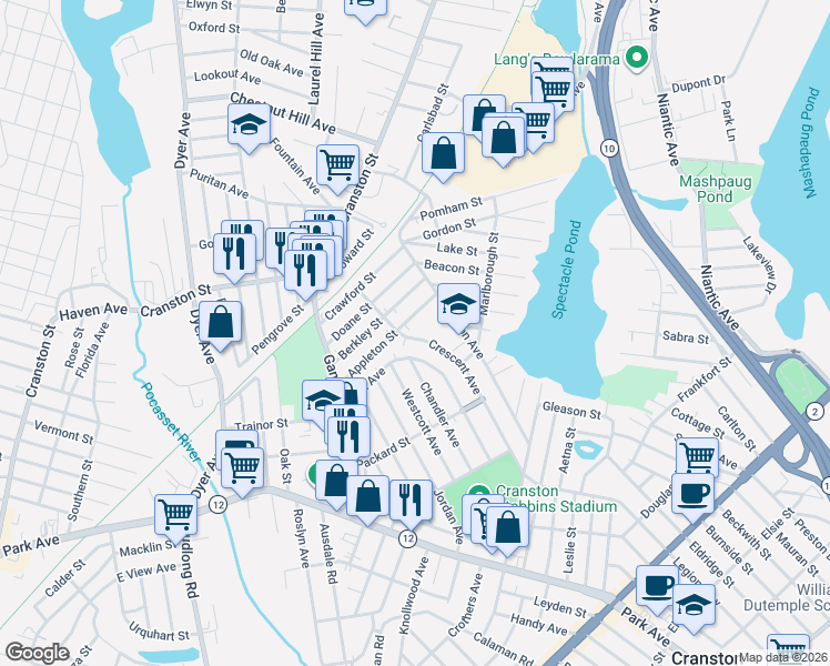map of restaurants, bars, coffee shops, grocery stores, and more near 189 Fiat Avenue in Cranston
