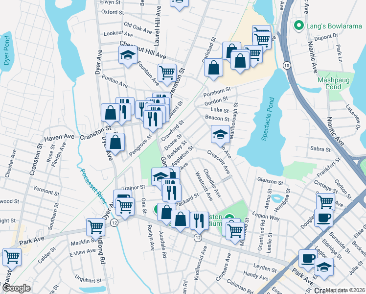 map of restaurants, bars, coffee shops, grocery stores, and more near 225 Fiat Avenue in Cranston