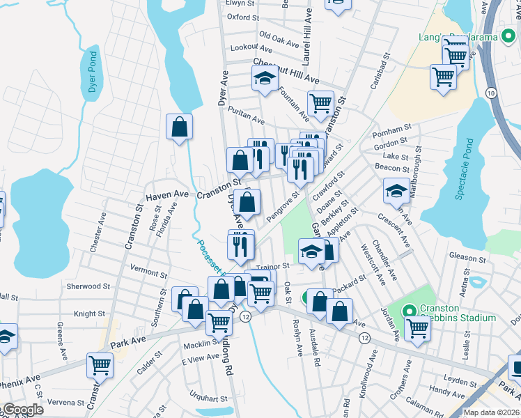 map of restaurants, bars, coffee shops, grocery stores, and more near 12 Byron Street in Cranston