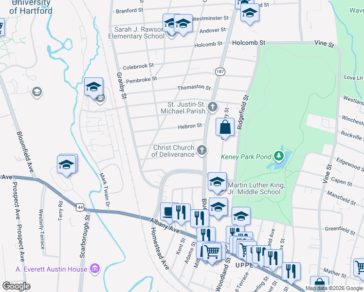 map of restaurants, bars, coffee shops, grocery stores, and more near 39 Burlington Street in Hartford
